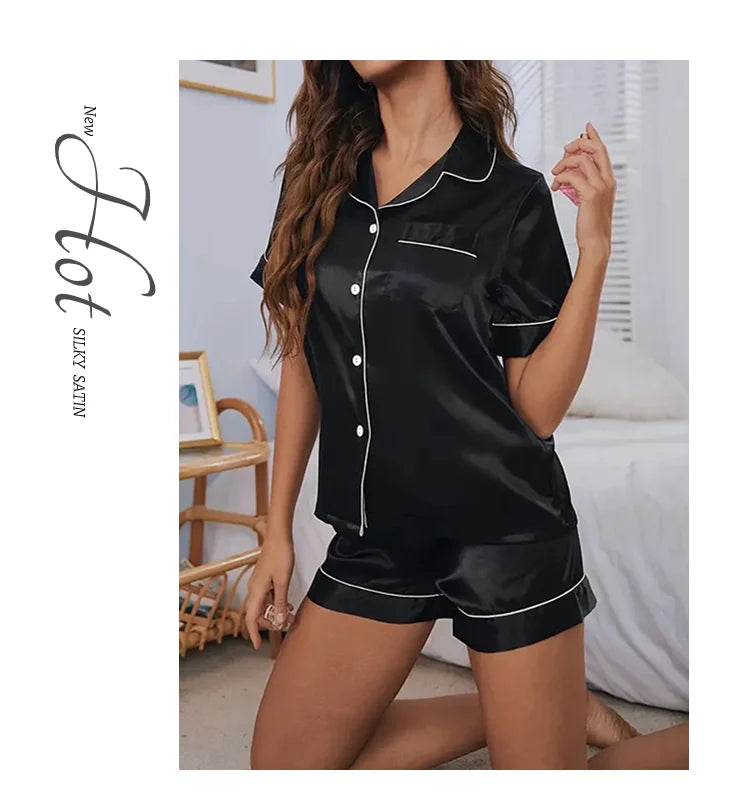 Women's Satin Pajamas Set – Summer Two-Piece Sleepwear with Button-Down Top and Shorts, Comfortable Nightwear Loungewear
