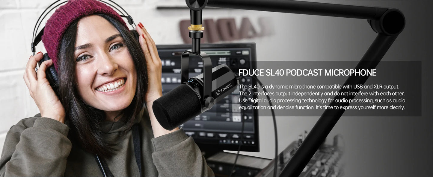 FDUCE SL40X/SL40 USB & XLR Dynamic Microphone – Built-in Headset Output & Sound Insulation for Podcasts, Gaming & Live Broadcast