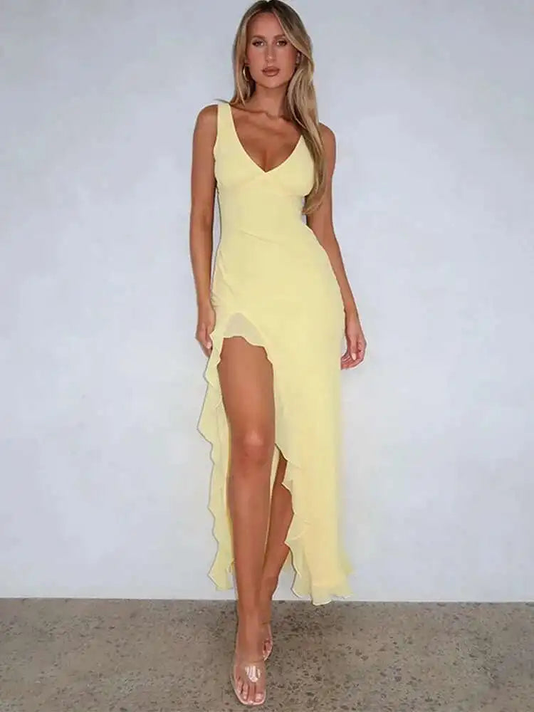 Avrilyaan Women’s Ruffle High Split Backless Midi Dress – Elegant Sexy Evening Party Summer Robe, Slim Fit Fashion Vestido 2024