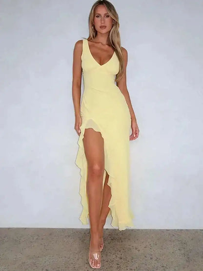 Avrilyaan Women’s Ruffle High Split Backless Midi Dress – Elegant Sexy Evening Party Summer Robe, Slim Fit Fashion Vestido 2024