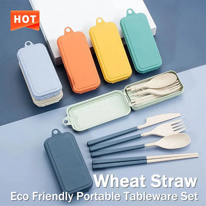 4Pcs Portable Wheat Straw Dinnerware Set - Detachable Cutlery, Travel & Picnic Tableware - Camping Cutlery Set for Outdoor Dining