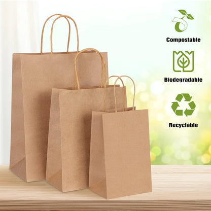 25/50pcs Brown Kraft Paper Gift Bags with Handles – Wedding, Birthday, Party Favor & Small Business Grocery Bags