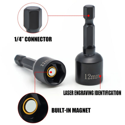 9Pcs Metric Nut Driver Set – 1/4” Hex Socket Drill Bits & Chuck Adapter Set for Electronics & Precision Tool Work