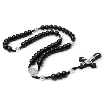 Catholic Wooden Beaded Rosary Necklace – INRI Crucifix Cross Pendant Long Chain Christian Prayer Jewelry for Men & Women