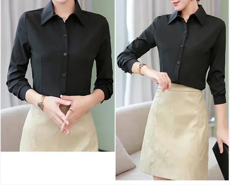 Women’s Solid Button Blouse — Long Sleeve Office Shirt, Elegant Work Top