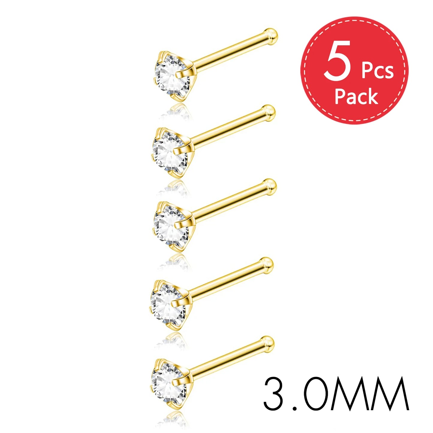 5PCS Stainless Steel Nose Ring Studs — Crystal Nostril Piercing Jewelry for Women & Girls, 1.5/2.0/2.5/3.0mm, 20G