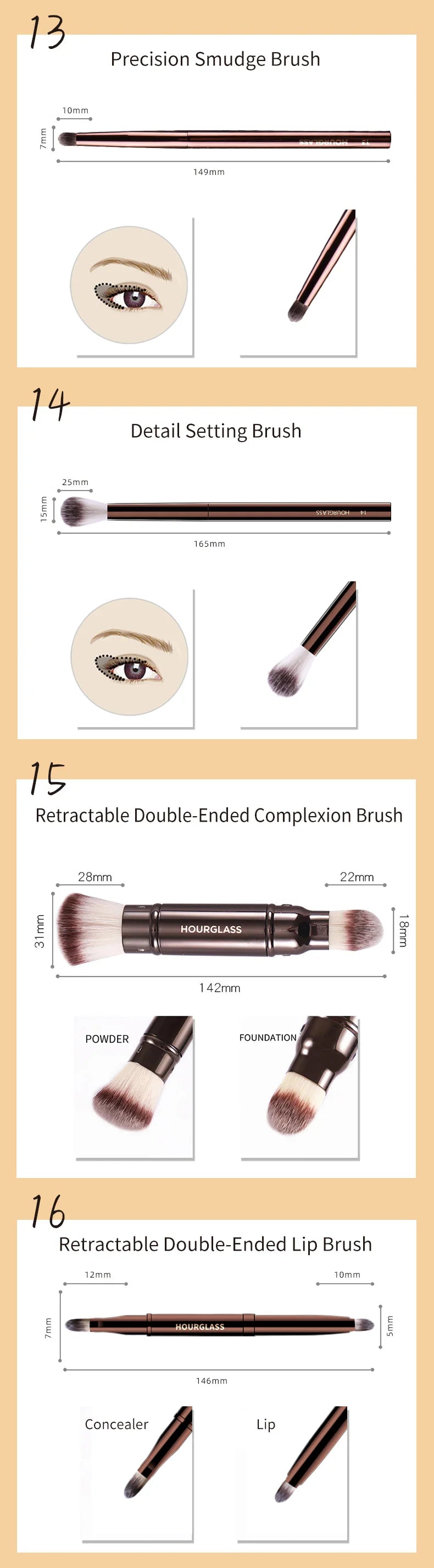 Hourglass Makeup Brushes Set – Powder, Foundation, Concealer, Blusher, Bronzer, Eyeshadow & Eyebrow Sculpting Brushes
