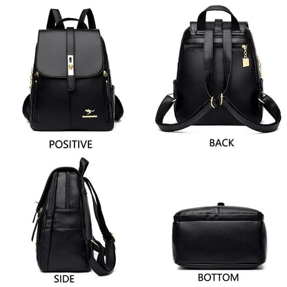 Luxury Women’s Leather Backpack - Black Vintage Casual Daypack, School Bag, and Rucksack for Girls