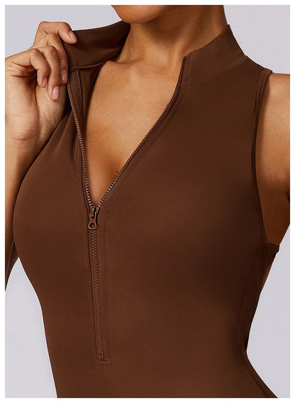 Women’s V-Back One-Piece Sports Jumpsuit — Sleeveless Yoga Romper with Zipper Workout Bodysuit