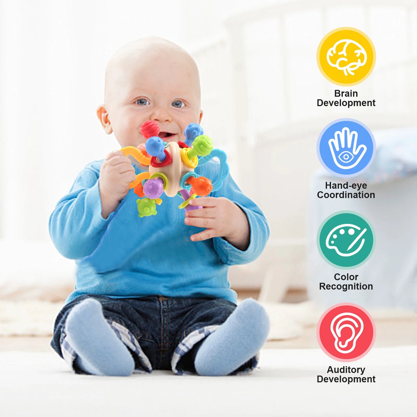 Soft Silicone Baby Rattle Ball Teether - Manhattan Round Hand Grab Toy for Infants 0M+ Teething Gift