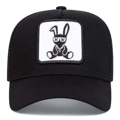 Cartoon Rabbit Embroidery Cap - Adjustable Mesh Baseball Hat with Sun Protection for Spring & Summer Outdoor Wear
