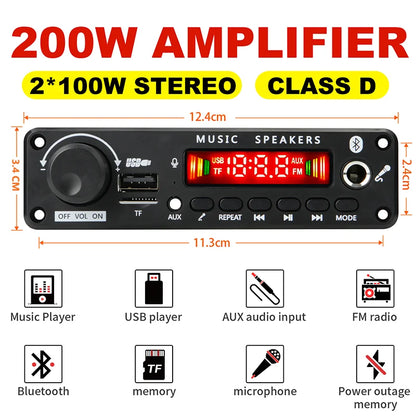 200W Bluetooth Amplifier Board - DIY MP3 WAV Decoder with USB, TF Card, FM Radio & Microphone, DC 12V