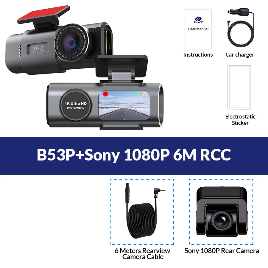 Dual Lens Dash Cam 4K UHD – Car Camera DVR with Night Vision, Wi-Fi, GPS, 24H Parking Monitoring