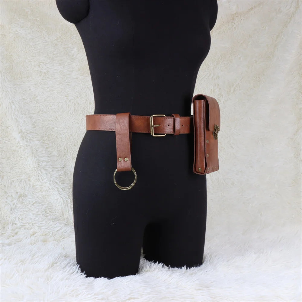 4PCS Medieval Cosplay Leather Belt Set – Copper Coin Waist Bag, Renaissance & Steam Role Playing Halloween Costume Accessories