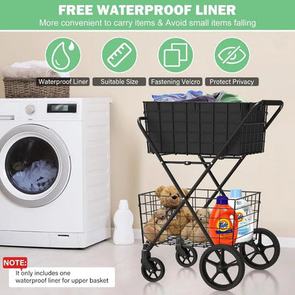 Extra Large Collapsible Grocery Cart on Wheels — Heavy Duty Shopping Cart with Baskets & Waterproof Liner