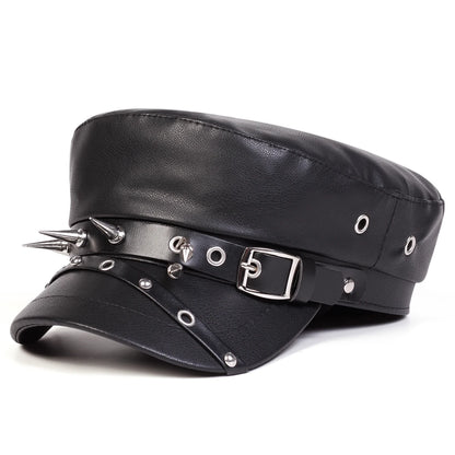 Large Buckle Leather Beret Hat - Fashion Sailor Military Cap for Women and Men