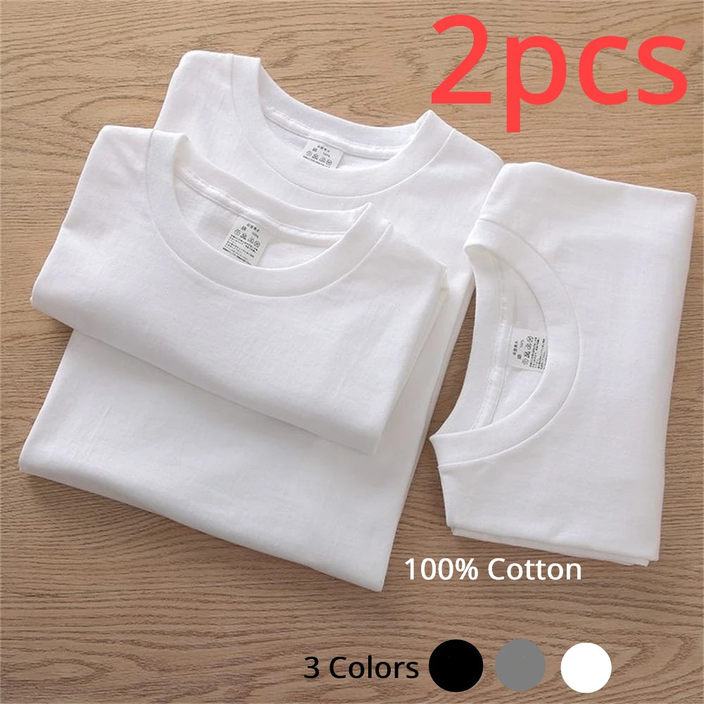 2-Pack Unisex 100% Cotton T-Shirts - Breathable Loose-Fit Short Sleeve Casual Tees