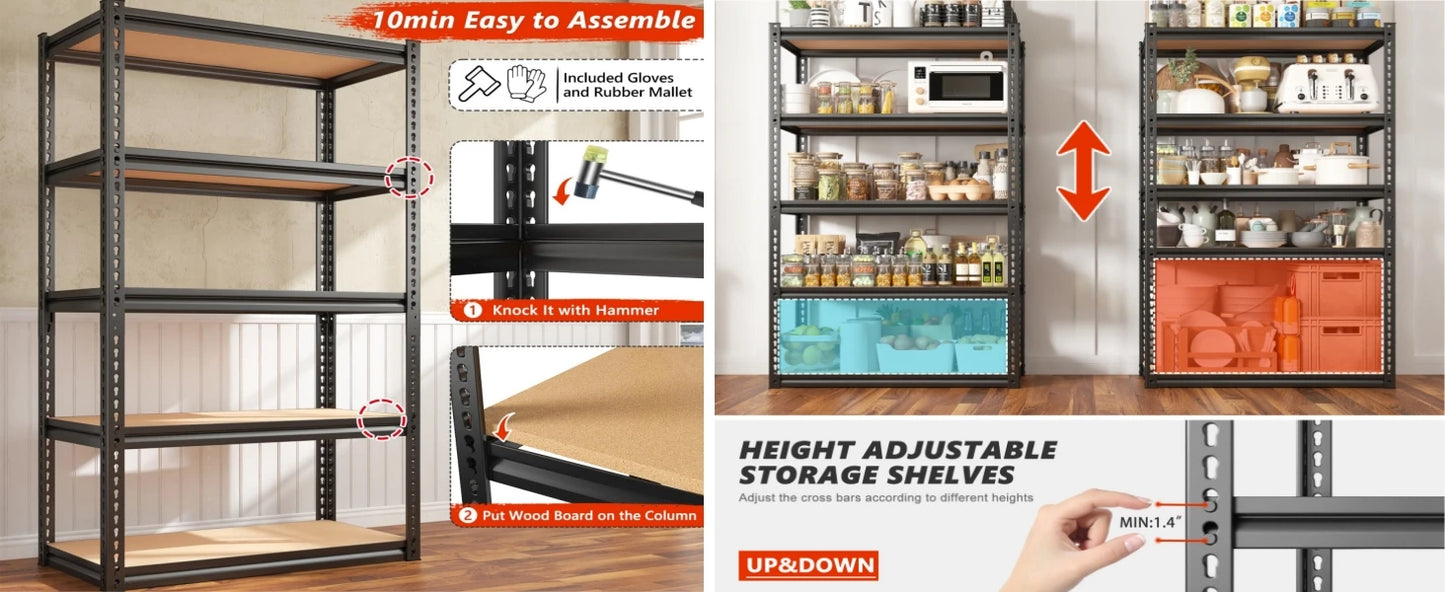 5-Tier Garage Shelving Unit – Heavy Duty Metal Storage Shelves, 2000LBS Capacity for Warehouse