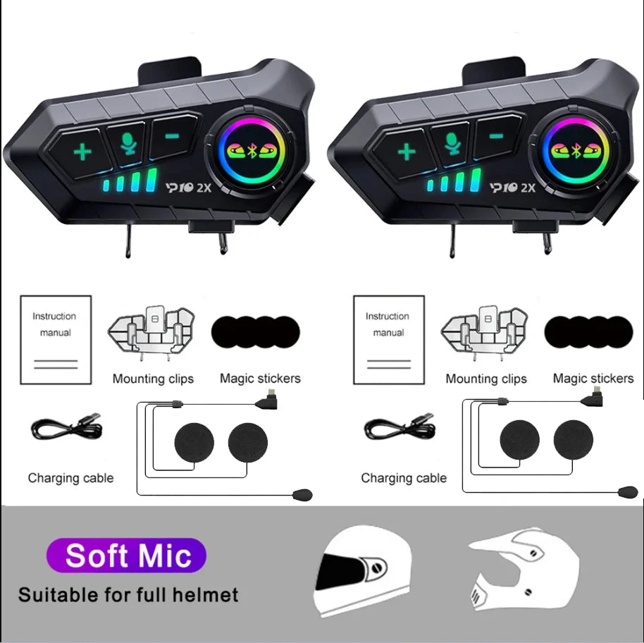Kebidumei YP10 2X Wireless Bluetooth 5.3 Motorcycle Helmet Intercom – Waterproof Headset with 300m Range Speaker Earphones