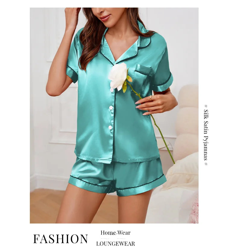 Women's Satin Pajamas Set – Summer Two-Piece Sleepwear with Button-Down Top and Shorts, Comfortable Nightwear Loungewear
