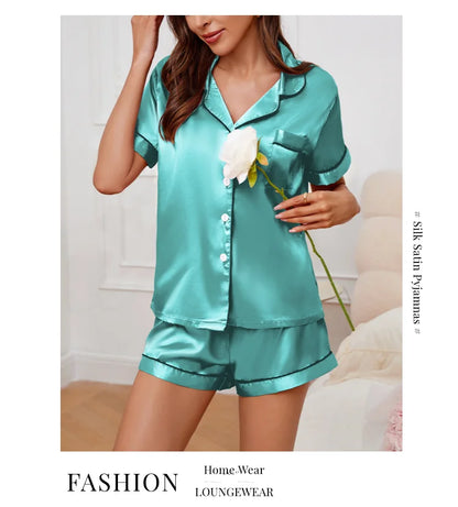 Women's Satin Pajamas Set – Summer Two-Piece Sleepwear with Button-Down Top and Shorts, Comfortable Nightwear Loungewear