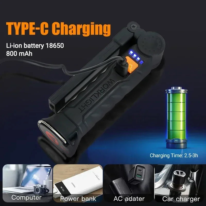 USB Rechargeable LED Flashlight – Built-in Battery Torch with Magnetic Base, 5 Modes for Home & Outdoor Camping
