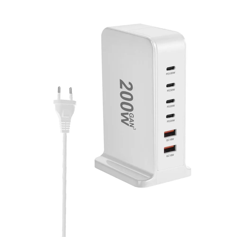200W GaN Desktop Quick Charger - 168W PD, 6-Port USB Type C with USA, EU, AUS, UK Plug Adapters for Mobile Phones and Laptops