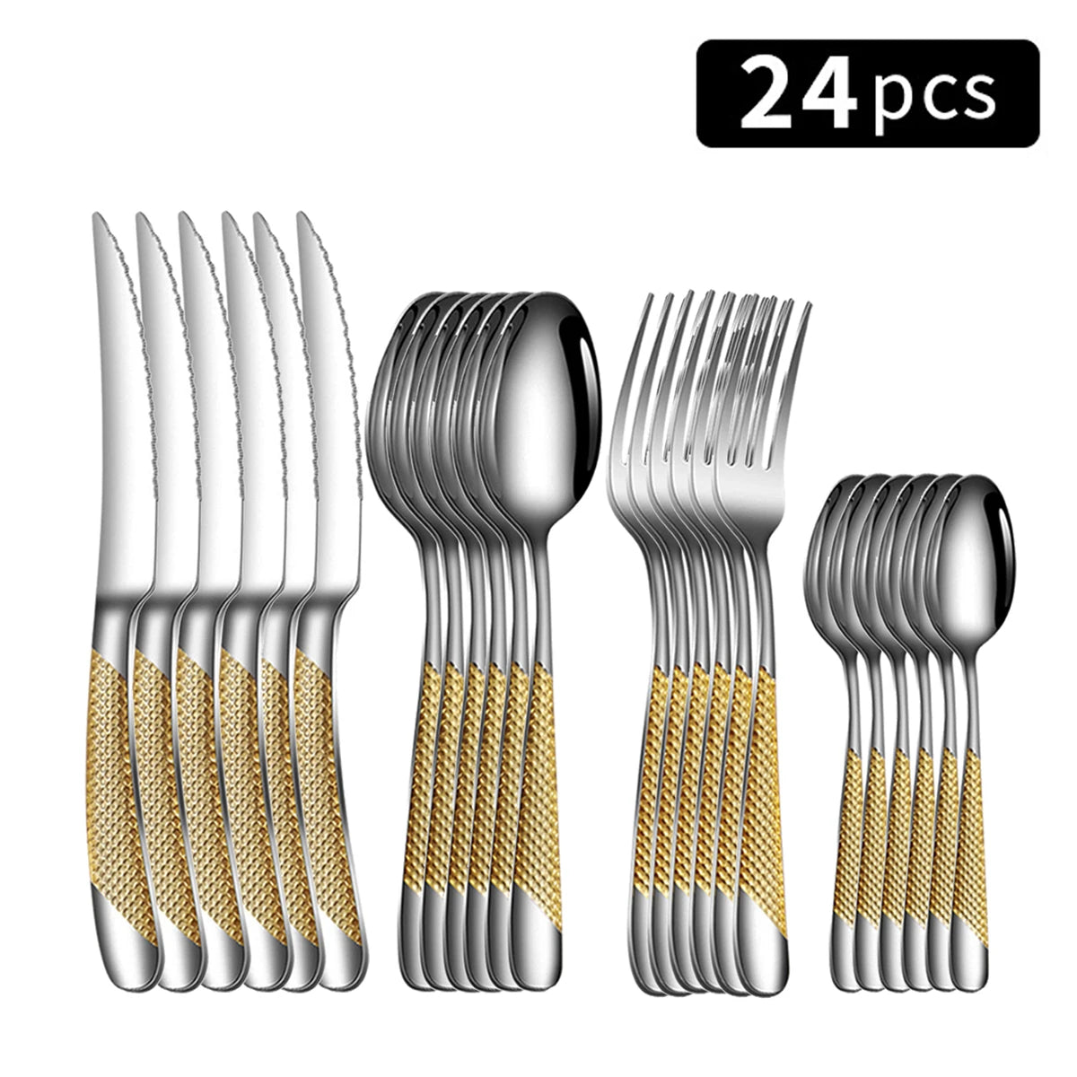 24-Piece Stainless Steel Tableware Set – Star Design Steak Knives, Forks, Dessert Forks, and Spoons for Family Use