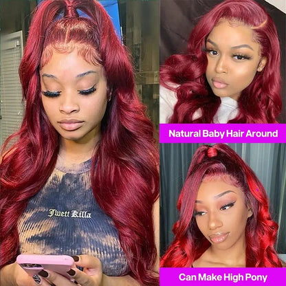 Burgundy 99J Body Wave Wig – 13x4/13x6 HD Lace Front, Pre-Plucked Human Hair Red Colored Wig