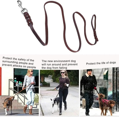 Genuine Leather Dog Leash – Braided Walking & Training Lead for Medium & Large Dogs, Brown & Black