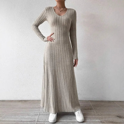 Knitted Long Sleeve A-Line Dress - Women's Slim Fit Solid Color Streetwear Maxi Dress with Elegant Silhouette