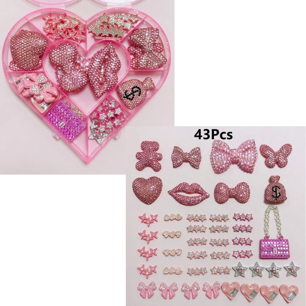 43PCS Luxury Charm Set — Diamond Bow, Perfume Bottle, Butterfly & Lip Decorations for Phone Case, Purse, and DIY Crafts