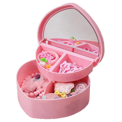 Pink Hair Accessories Storage Box - Portable Jewelry Organizer with Mirror for Girls & Travel