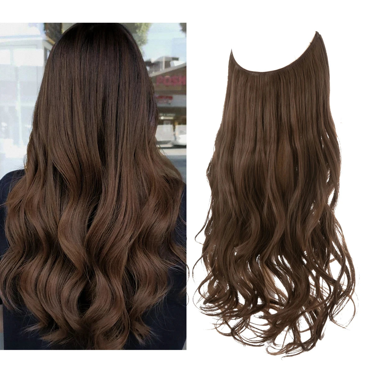 Synthetic Ombre Hair Extension - One Piece Invisible Wire Long Wavy Clipless False Hairpiece Black Blonde Pink