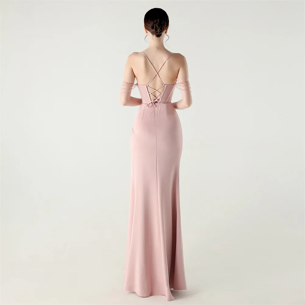 DEERVEADO Women’s Satin Strap Evening Dress — Beaded Sexy Mermaid Slit Long Formal Party Gown