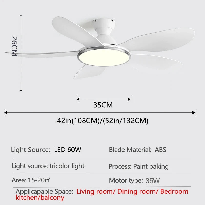 52-inch Modern LED Ceiling Fan — 60W Low Floor DC Motor, 35W Light, Remote Control, 110-220V