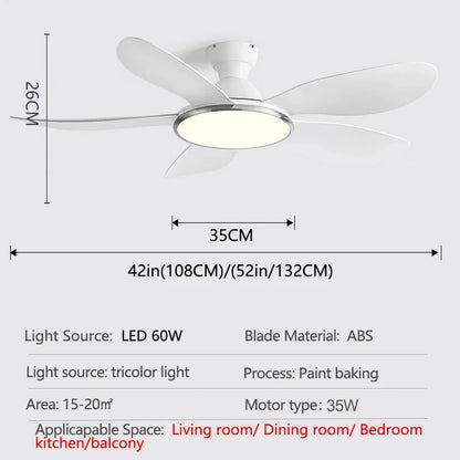 52-inch Modern LED Ceiling Fan — 60W Low Floor DC Motor, 35W Light, Remote Control, 110-220V