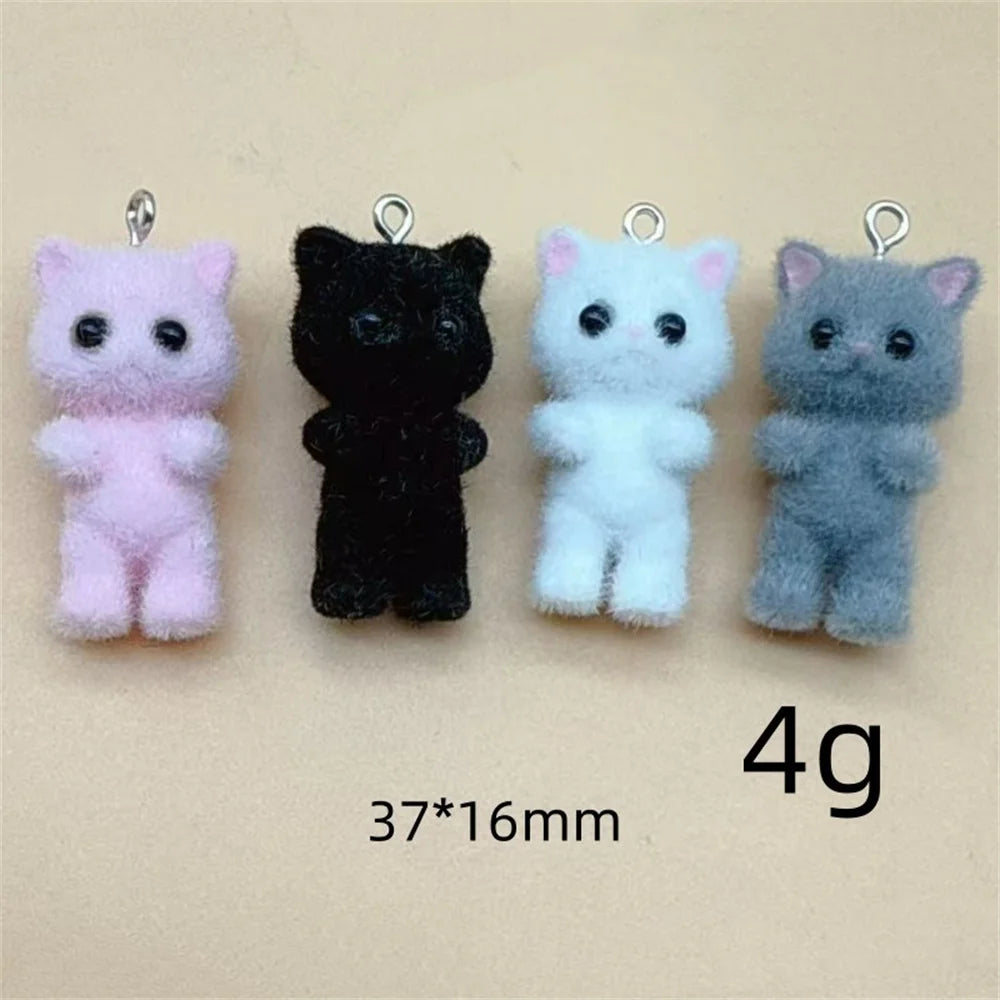 4-Piece Kawaii 3D Flocking Cat Charms - Colorful Resin Animal Pendants for Keychains, Necklaces & DIY Jewelry Making