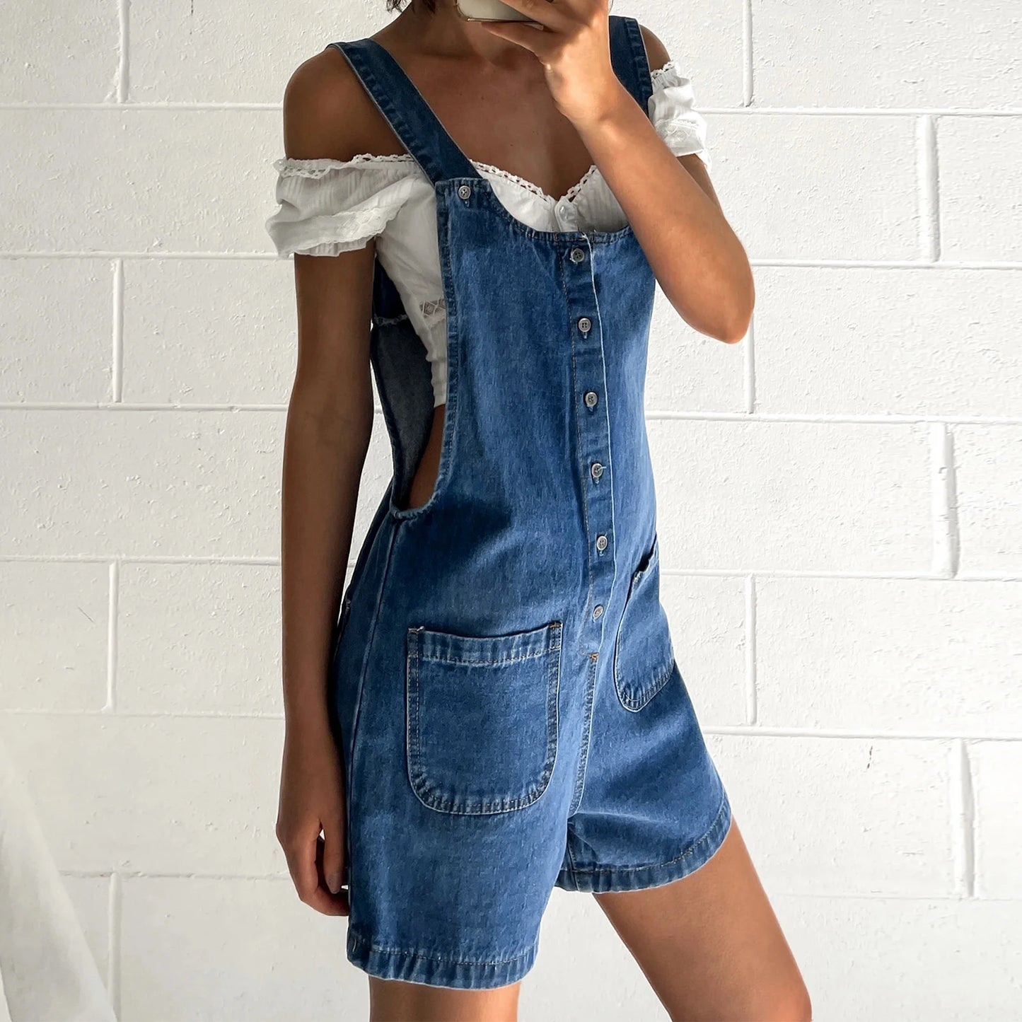 Women's Denim Bib Overall Shorts - Button Front Wide Leg Jean Jumpsuit with Pockets