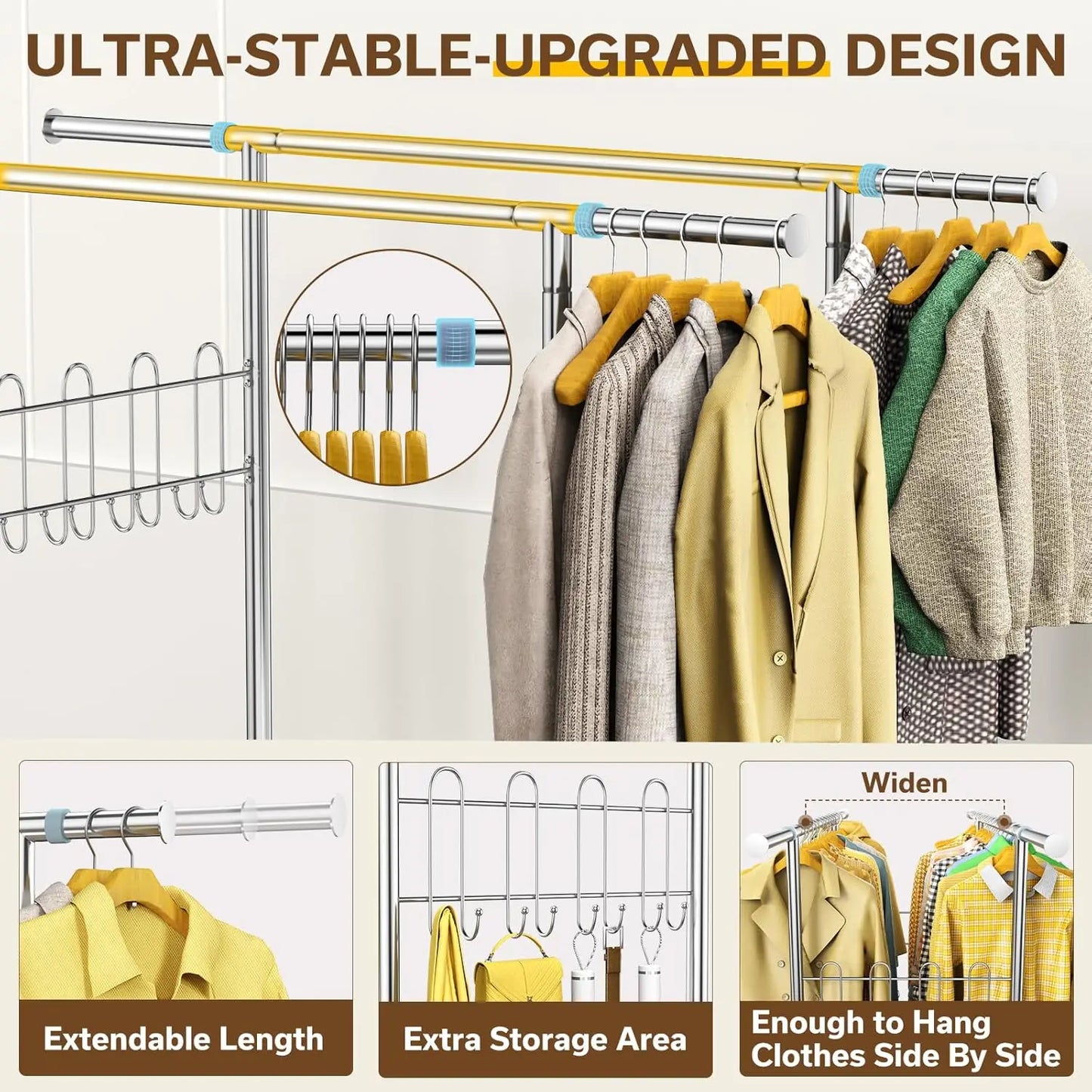 100% Stainless Steel Heavy Duty Clothes Rack – Double Rod Clothing Rack with 960LBS Load Capacity