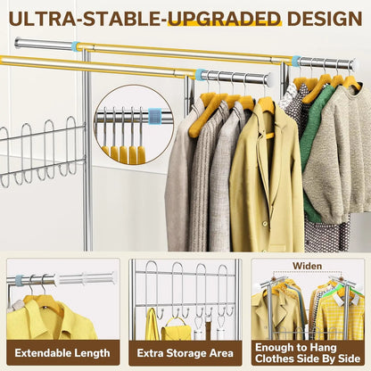 100% Stainless Steel Heavy Duty Clothes Rack – Double Rod Clothing Rack with 960LBS Load Capacity