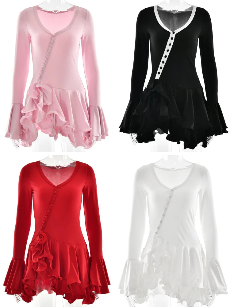 Women's A-Line Bodycon Mini Dress – V-Neck Long Sleeve Ruffle Hem Button Asymmetrical Party Streetwear Dress