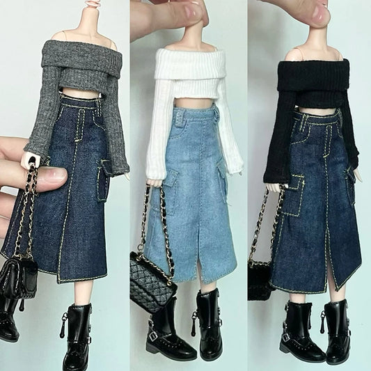 Handmade Blythe Doll Clothes – Off-Shoulder Sweater & Split Denim Long Skirt Mini Dress for 1/6 OB24 Dolls