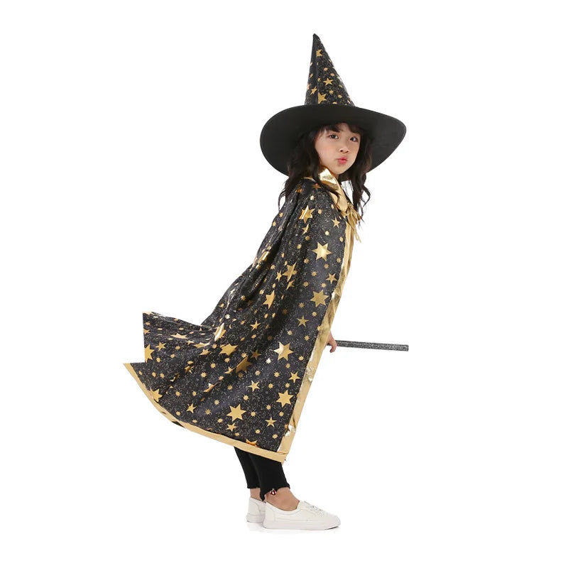 Kids Halloween Witch Cloak and Hat Set - 5-Star Cosplay Costume, 90cm Length for Height 100-160cm, Perfect for Parties and Dress-Up