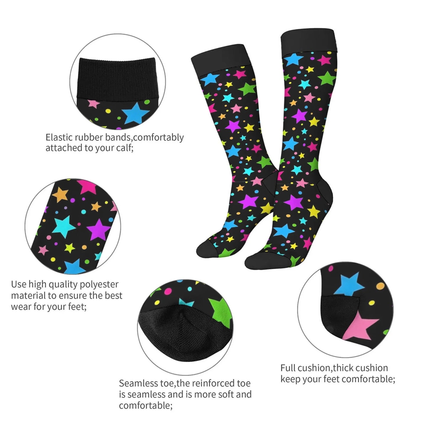 Colorful Star Novelty Socks for Women & Men, Hip-Hop Fashion Compression Warm Comfortable Street Style Gift Stockings