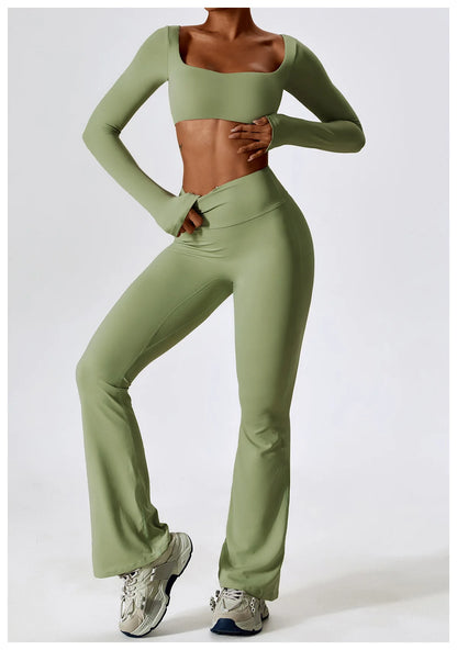 2PCS Seamless Women’s Yoga Set – Long Sleeve Crop Top & Leggings Workout Outfit, Athletic Gym Sportswear
