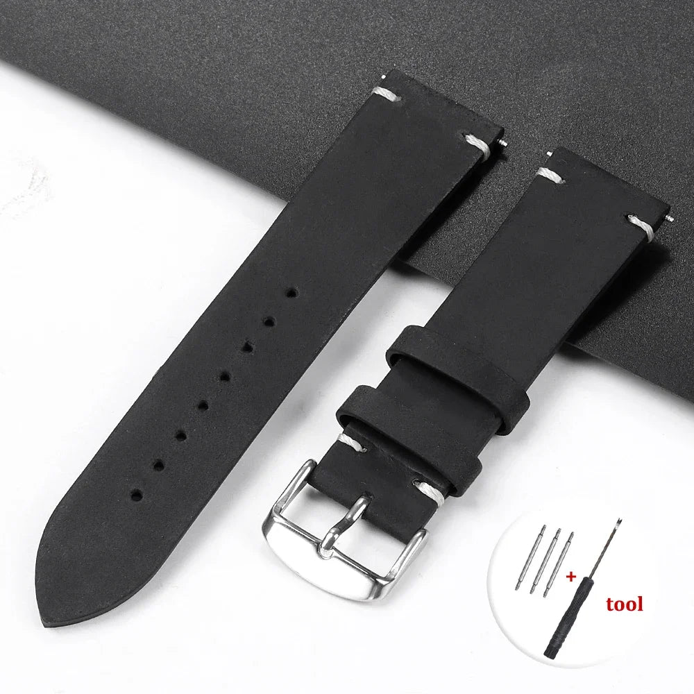 Calfskin Genuine Leather Watch Band – Black, Blue & Dark Brown Straps for Smartwatches, 18mm-24mm Accessories
