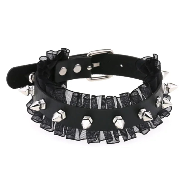 Harajuku Gothic Spike Rivet Star Choker Necklace – Black Bowknot PU Lace Leather Y2K Hip Hop Rock Jewelry for Girls