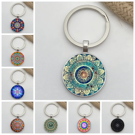 Retro Mandala Flower Yoga Keychain – Buddhist Chakra Glass Car Keyring for Men & Women Spiritual Jewelry Gift Accessory