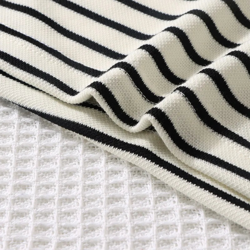 2PCS Kids Summer Outfit – Cotton Short Sleeve Tee & Shorts Set for Boys, Black & White Stripe